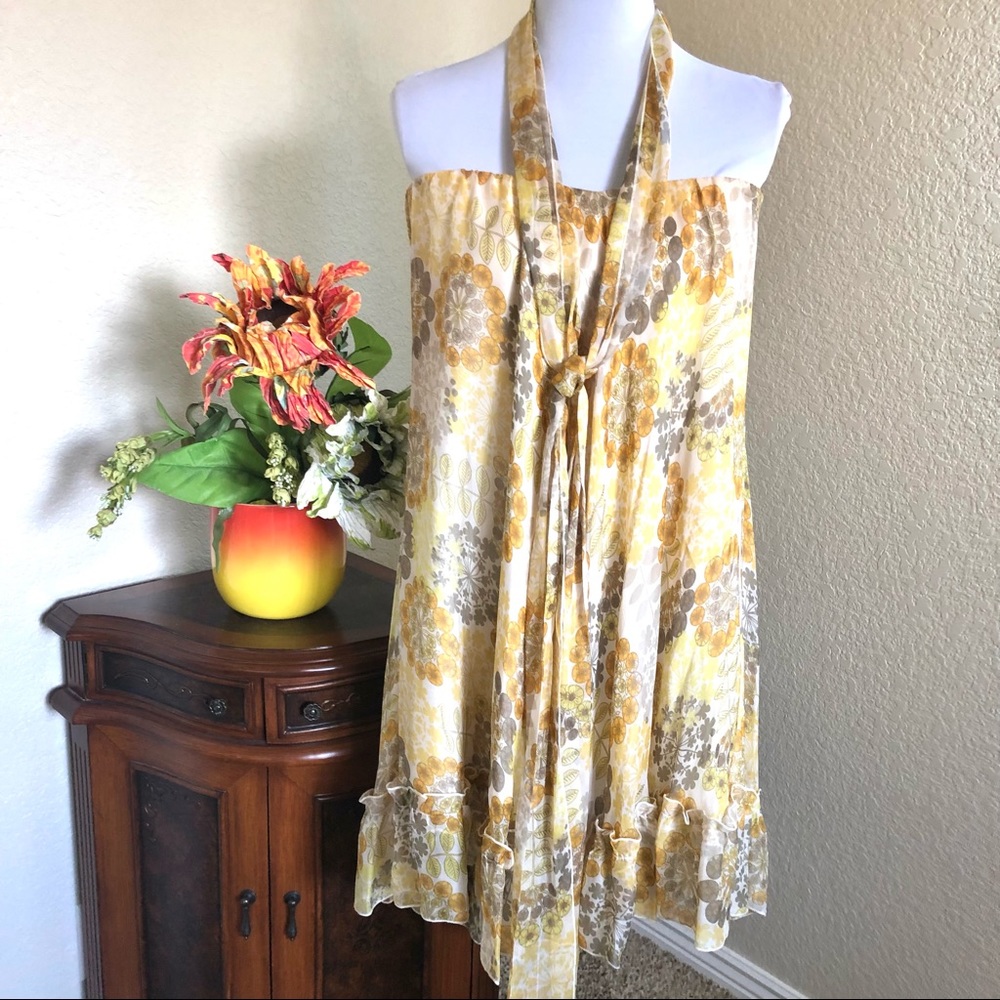 Alexie 100% Silk Yellow Floral Strapless Dress